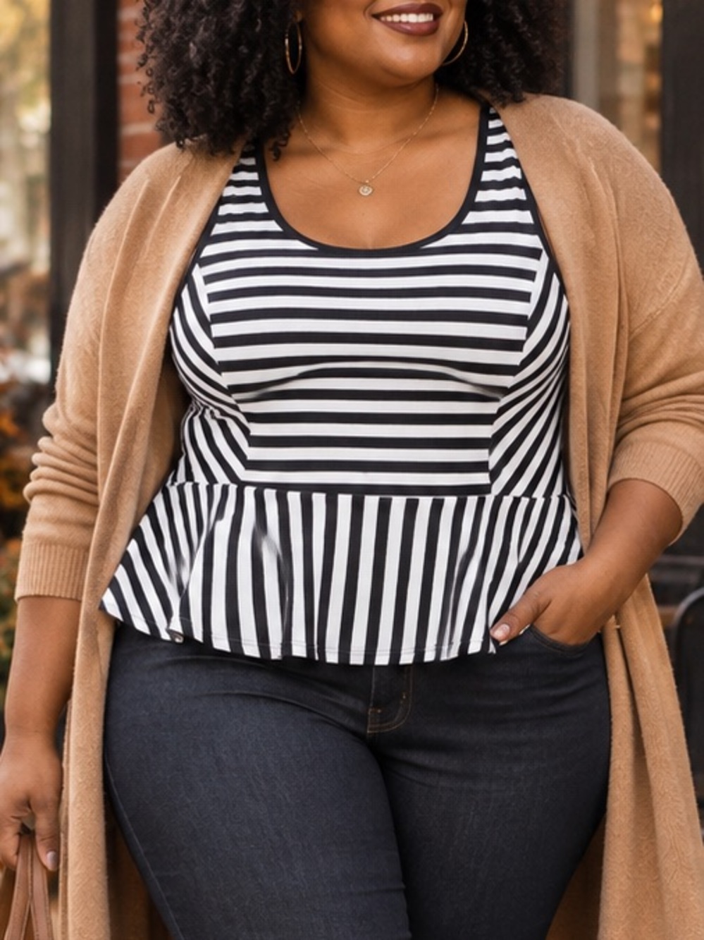 Black & White Striped Sleeveless Peplum Plus Size Top Size 1X